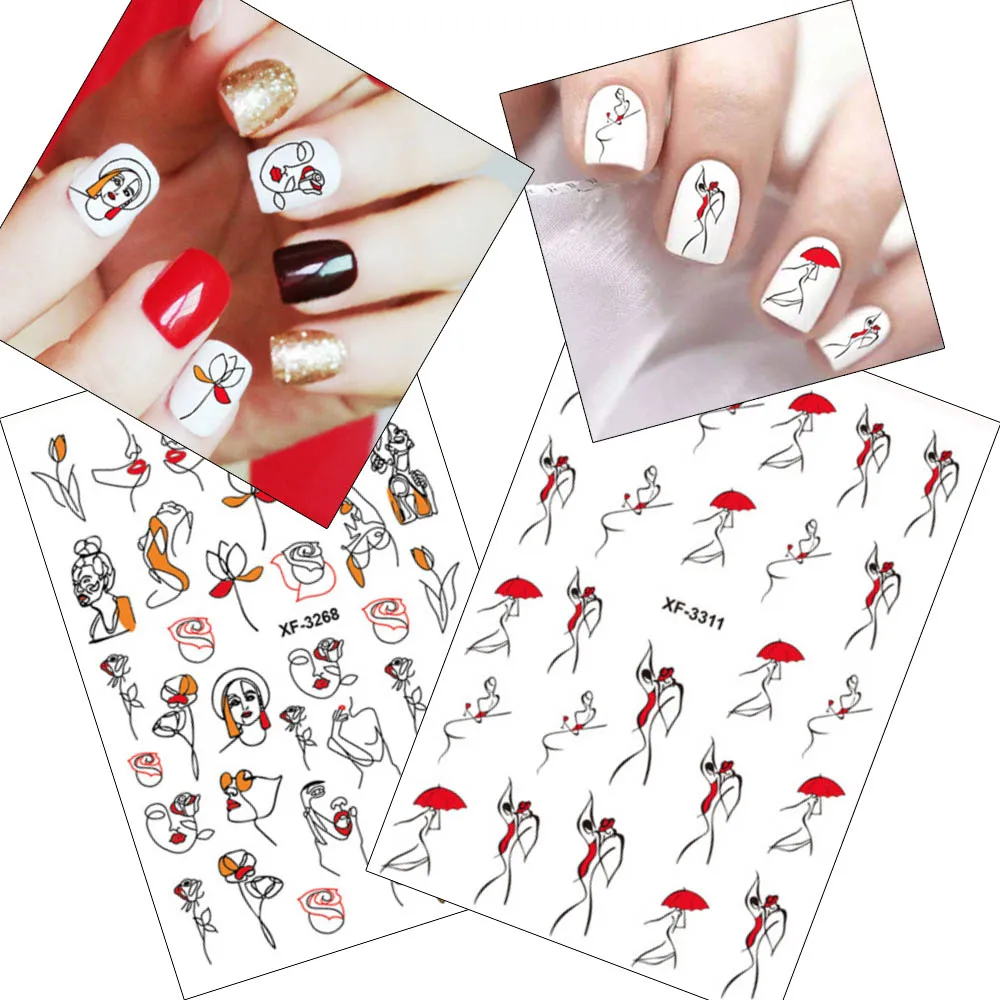 

1pcs abstract line sexy girl 3D nail stickers red Cool umbrella woman Retro Design Manicure Wraps Nail Art tattoo decoration