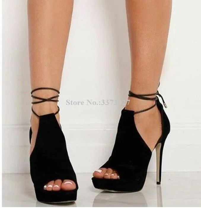 New Suede Lace-up Woman Platform Sandals Sexy Black Brown Peep Toe Stiletto Heels Pumps Ladies Large Size Dress Shoes Dropship | Обувь