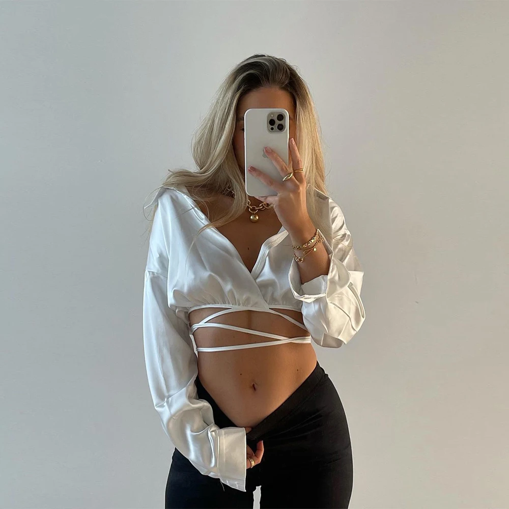 

2021 Summer New Women Glossy Cropped Shirt with string Long Sleeves Casual Chic Lady High Fashion Woman Blouse top