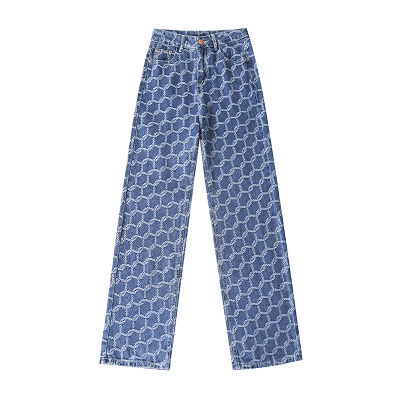 

2021 New Summer Fashion Printing Wash Jeans Loose Casual Denim Wide Leg Pants Women Long Trousers Loose Streetwear Jeans Women