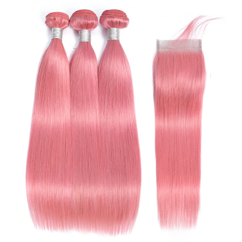 Бразильские прямые человеческие волосы розового цвета пучки с застежкой Remy 30