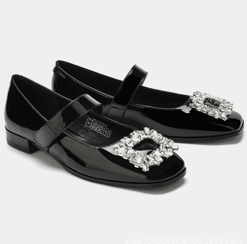 

Spring Autumn New Women's Shoes Retro Mary Janes Shoes Lolita Fashion Rhinestone Square Buckle Flat Heel Shallow Single Shoes