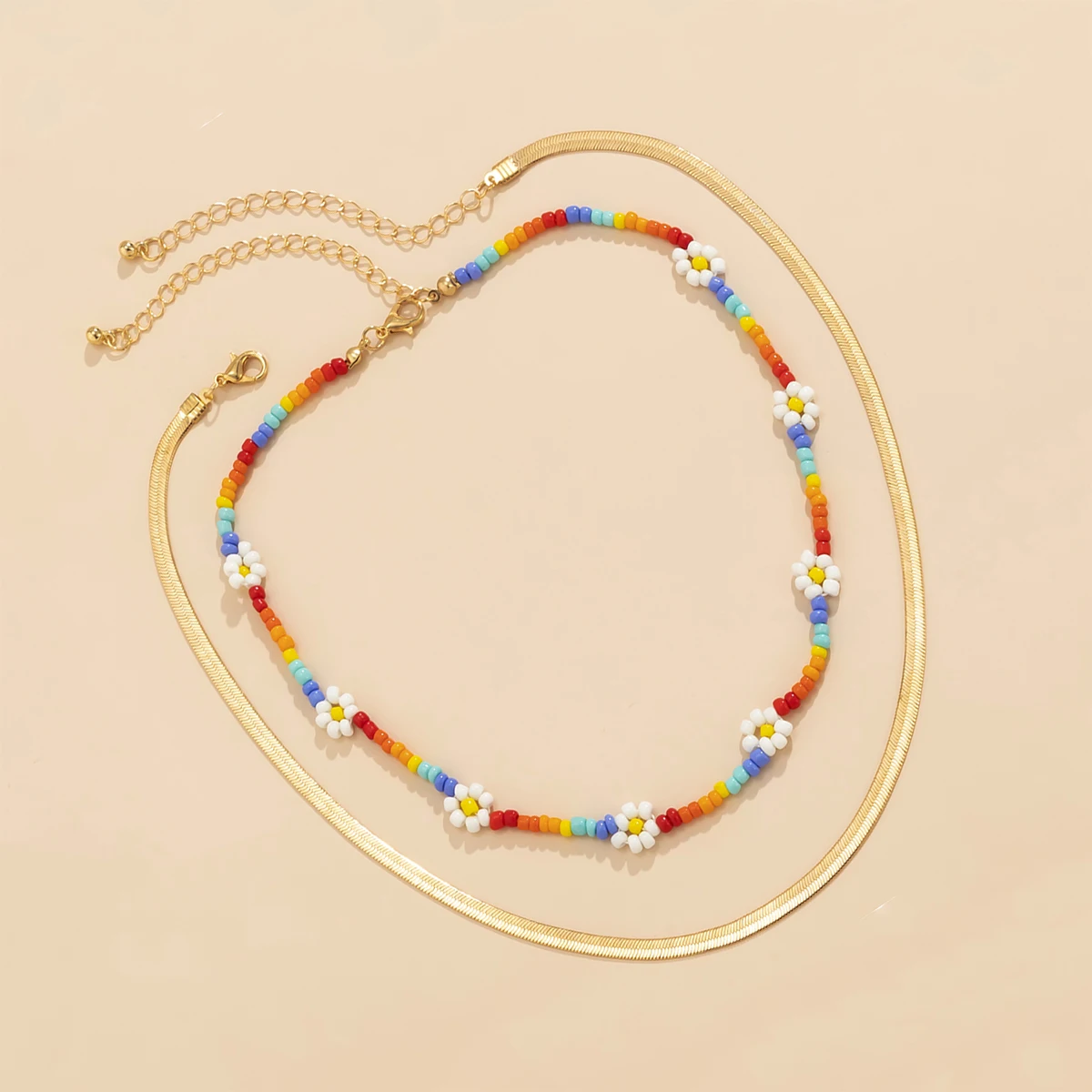 

Y2K Rainbow Bead Snake Chain Choker Necklace for Women Boho Beaded Flower Necklace Set 2021 Fashion Multi Layer Jewelry for Neck