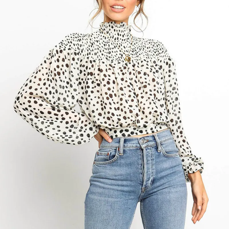 Элегантные милые в крапинку длинный рукав Для женщин блузки на шнуровке