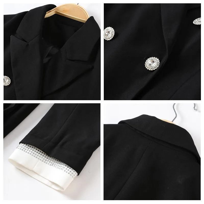 

DEAT 2021 Chapter Ruonan The Same Fashion Slim Fit Black V-neck Long Sleeve Double Breasted Diamonds High Waist Suit Dress 7E871