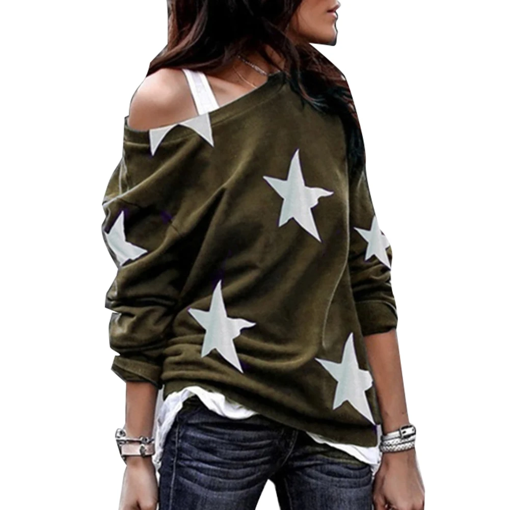 

Autumn Women Shirt Fashion Star Print Long Sleeve Loose Casual Tee Shirt One Shoulder Female Shirts Tee Top Casual shirts