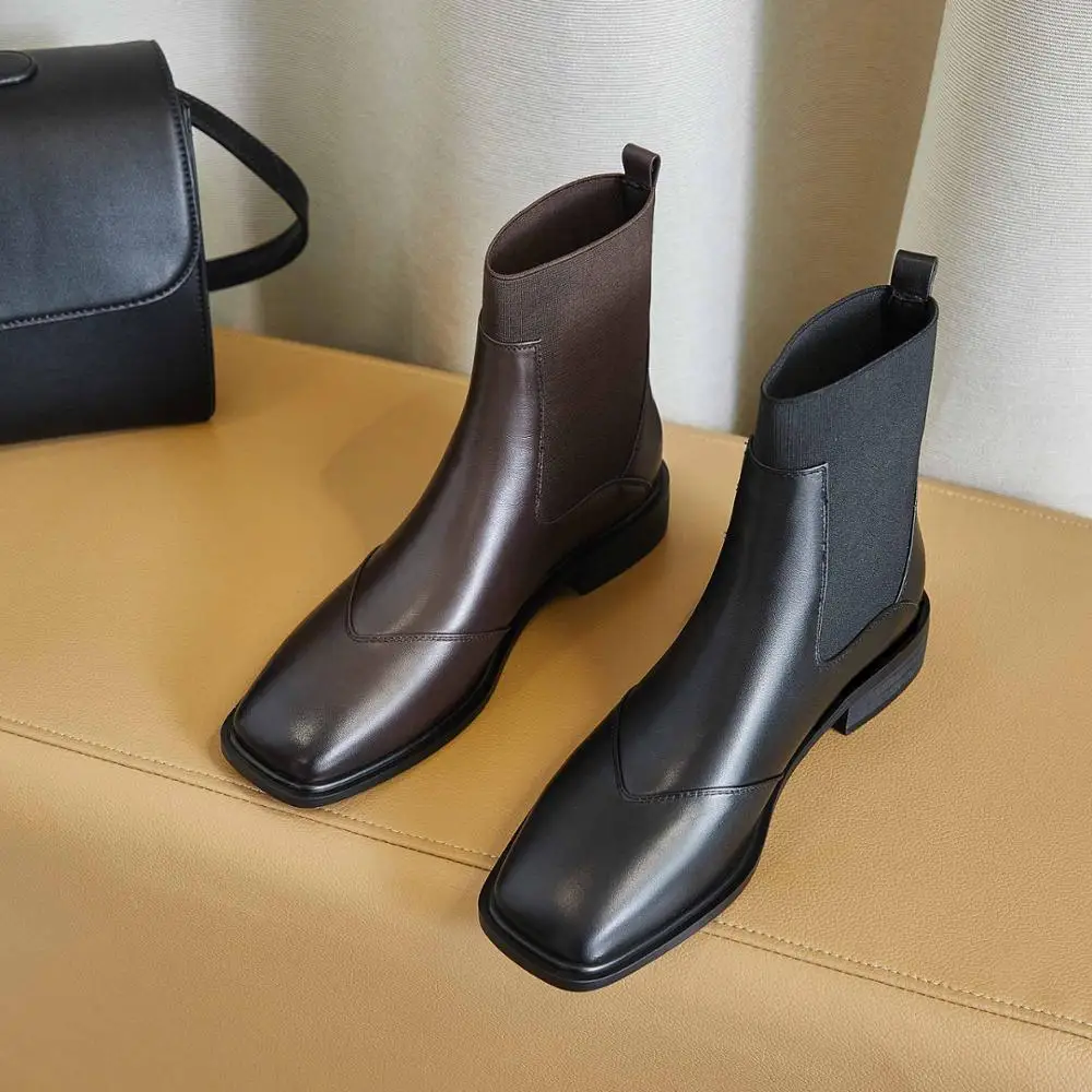 

Lenkisen british natural leather knitting vintage model square toe thick med heel slip on convenient young lady ankle boots L2f7