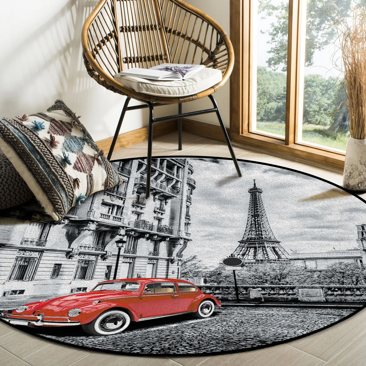 Красные круглые коврики с винтажным принтом в виде автомобиля парижской башни