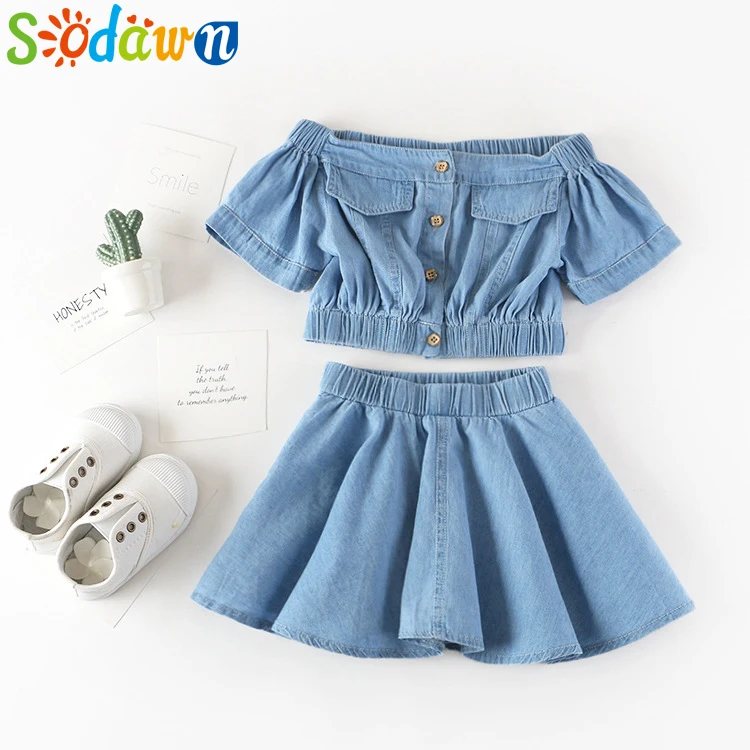 

Sodawn Summer Girls Short Sleeve Solid Packet Buttons Tops T-Shirts+Solid Skirts Kids Baby Girls Denim Clothing Set 2pcs