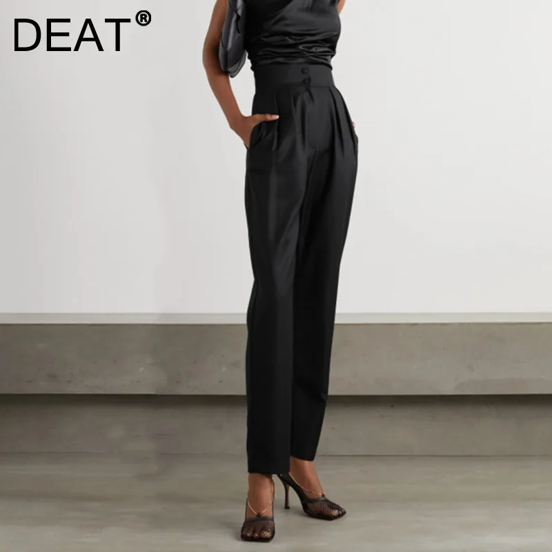 

Женские брюки с высокой талией DEAT, однотонные плиссированные прямые тонкие брюки с высокой талией, модель 7I5330 на осень и зиму, 2021
