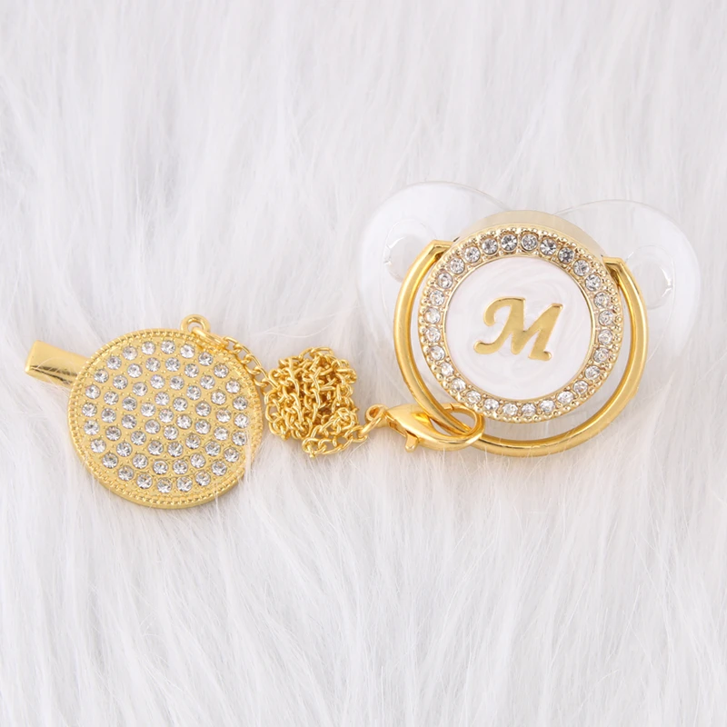 

0-12 Month Luxury 26 Initial Rhinestone Transparent Bling Baby Pacifier Chain Clip Chupete Sucette BPA Free Dummy Nipple Soother
