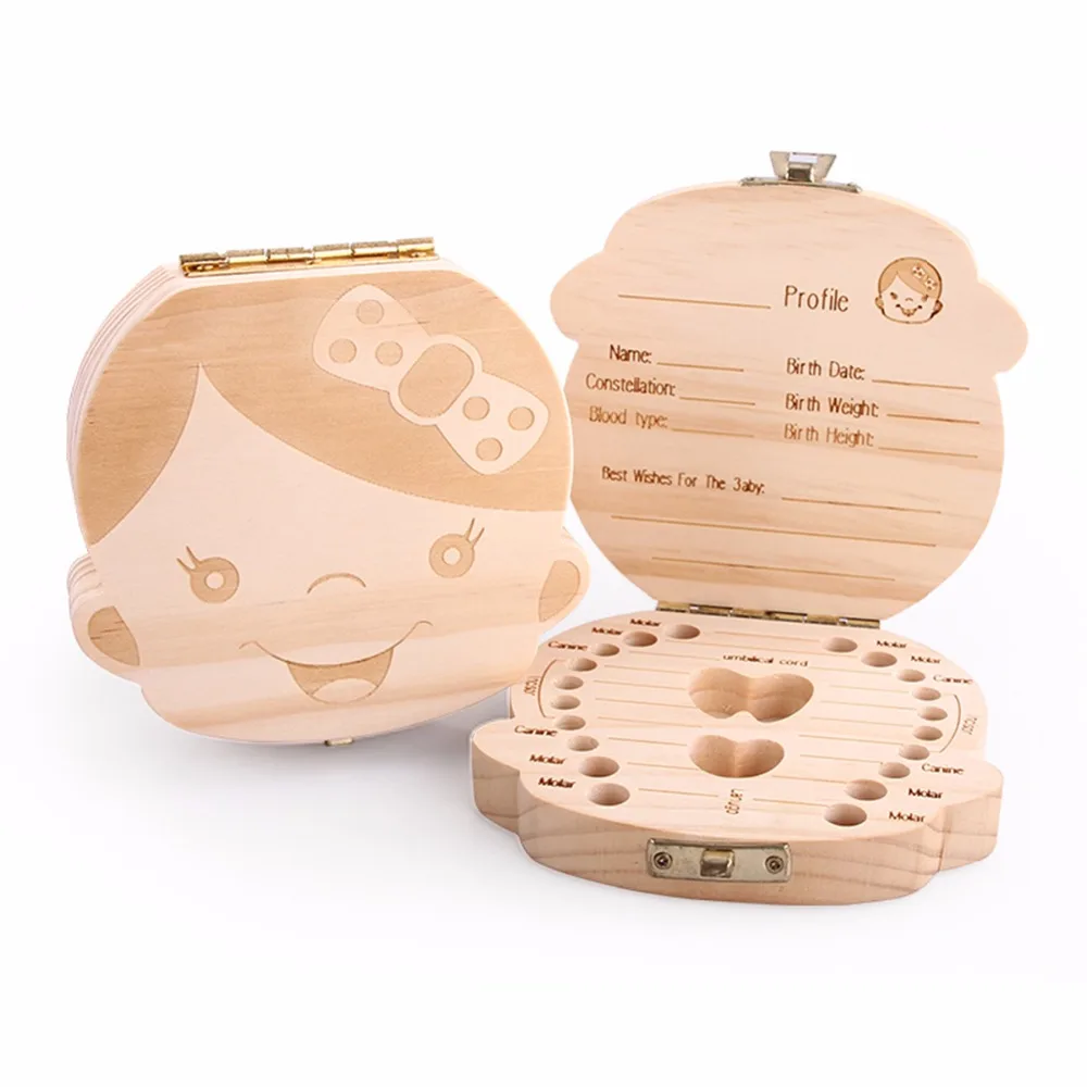 

Dutch English Spanish Russia Text Baby Fallen Tooth Box Storage Natural Wood Case Save Milk Teeth Collection Organizer Holder