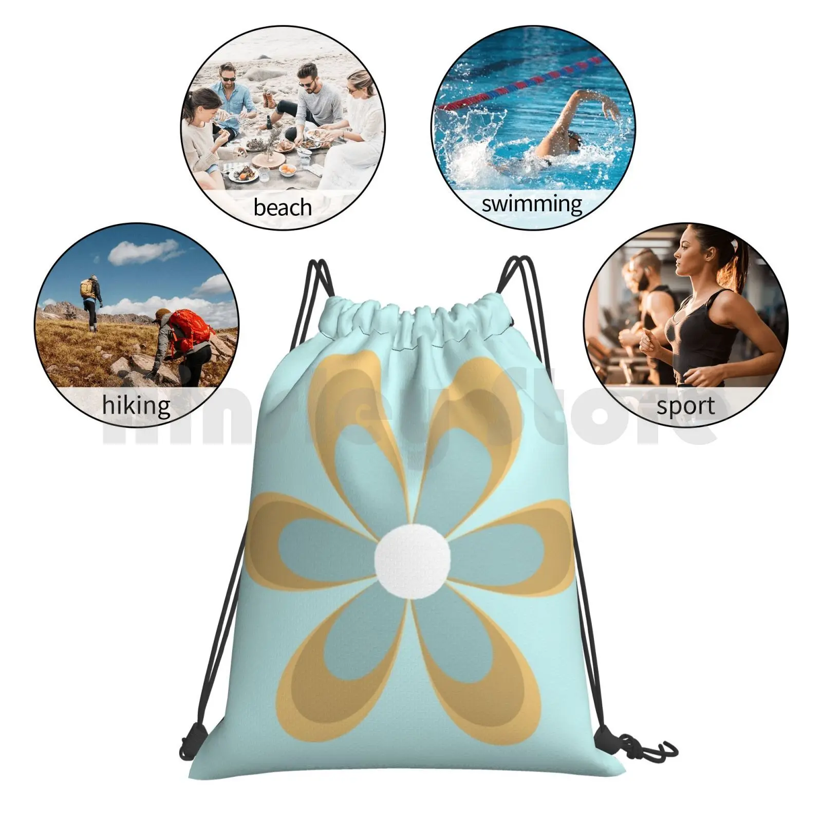 

Flower Power Papercut In Gold , Ice Aqua Blue , And White ( Light Aqua Background ) . Cheerful Minimalist Floral Outdoor Hiking