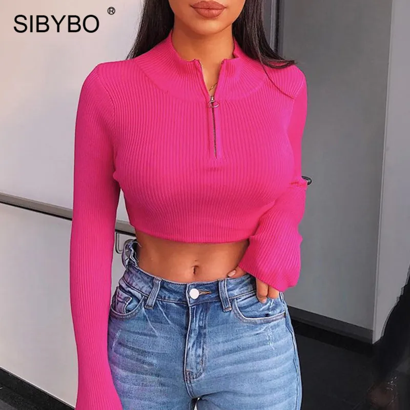 Rose Red SIBYBO водолазка ребристые осенние женские Топы с длинным рукавом Тонкая Сексуальная футболка женская однотонная молния Повседневная укороченный Топ для женщин - Цвет: Rose Red