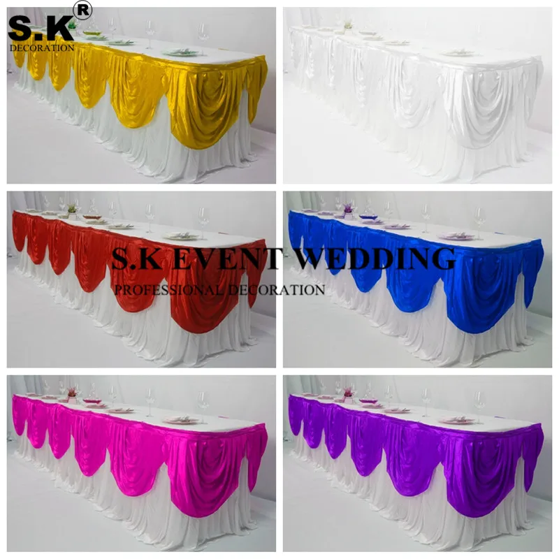 

New Design Ice Silk Table Skirt With Colors Swag Drapery Wedding Table Cloth Skirting For Event Banquet Decoration