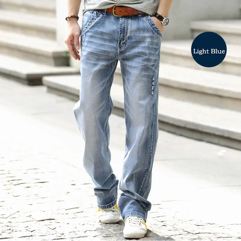 Summer Thin Section Elastic Men Jeans Straight Baggy Large Size Skateboard Denim Pants Cotton Comfortable Blue Wide Leg Trouser