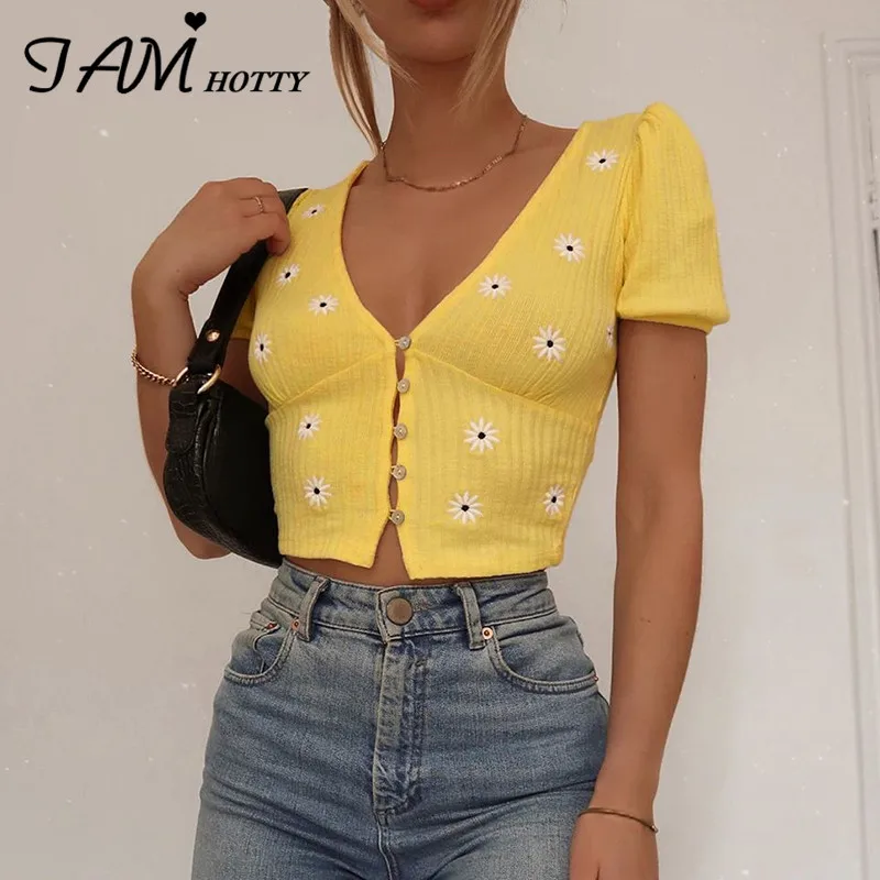 IAMHOTTY цветочной вышивкой базовый v-образный вырез женская футболка в стиле