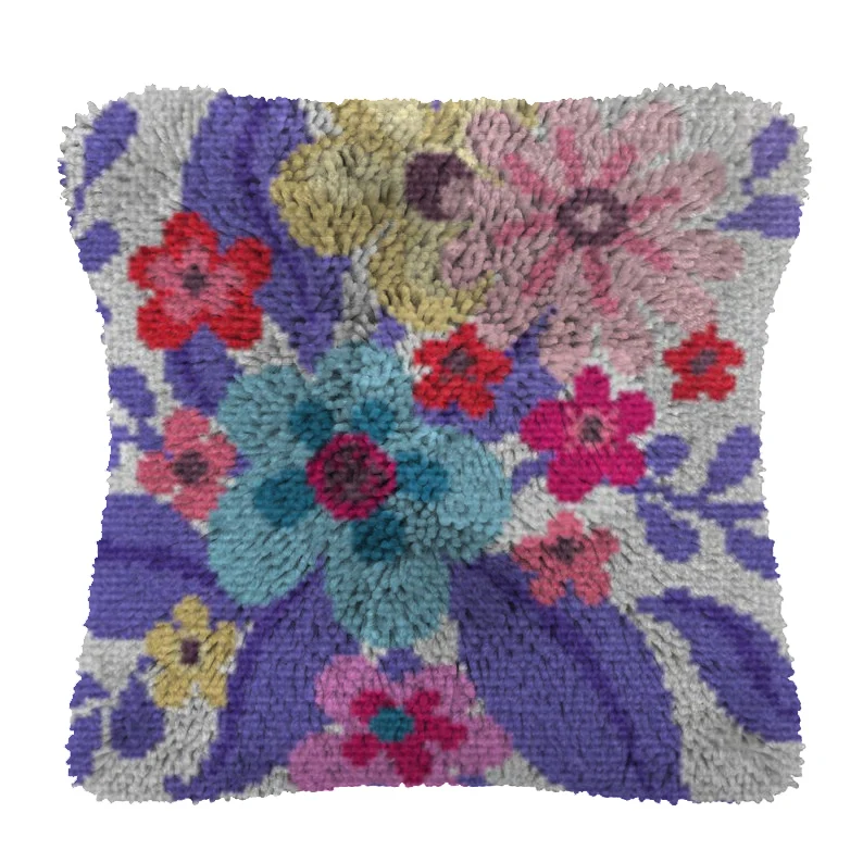 

Colorful Flowers with Purple Leaves Latch Hook Cushion Printed Throw Pillow Modern Soft Living Office Home Decorative Case