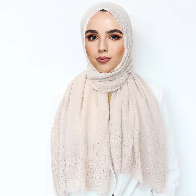 

Women Bubble Plain Cotton Hijab Scarf Shawl Rhinestone Fringes Oversized Long Breathable Cotton Muslim Head Scarves Pashmina