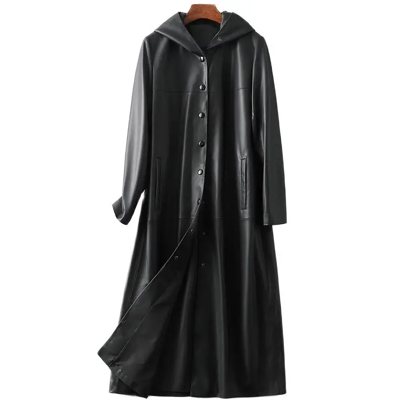 Women Complex Leather Long Coat Hooded Single Breasted Trench Overcoats Black Punk Style Windbreaker Outerwear Winter 2021