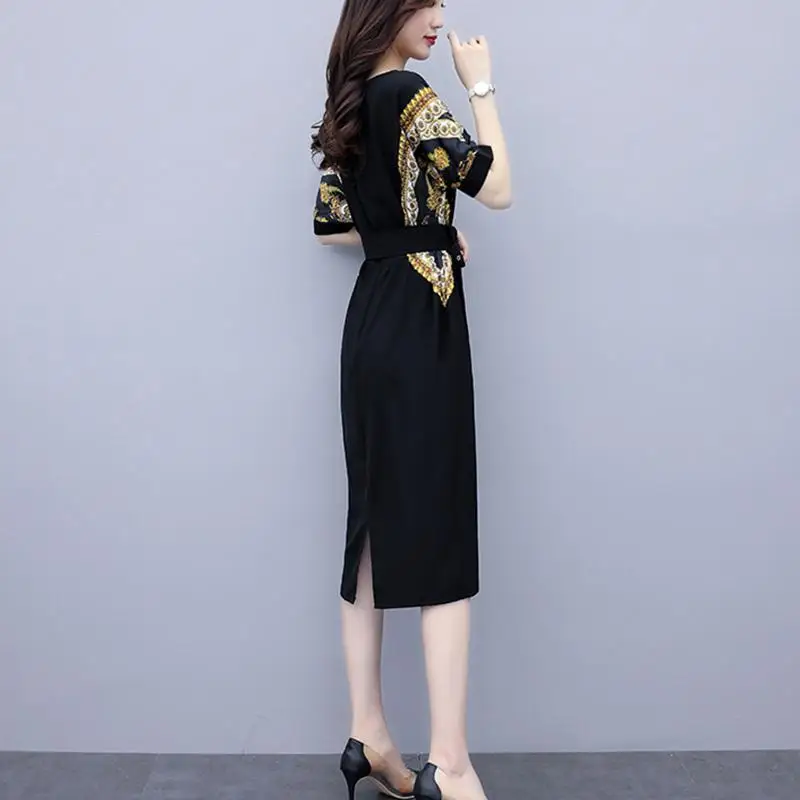 

Black casual printed dress women's new summer long waist slim temperament socialite skirt women