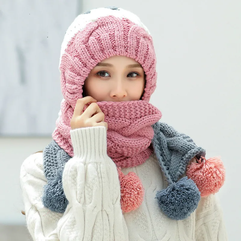 

New Women Winter Beanies Knitted Thickened Hat With Warm Mask And Neck Scarf Driver Windstop Sets Scarf Hat & Glove Sets