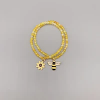 folisaunique 4mm faceted cut yellow agate bracelet for girls women elastic stretchy bracelet enamel flower rhinestone bee charms