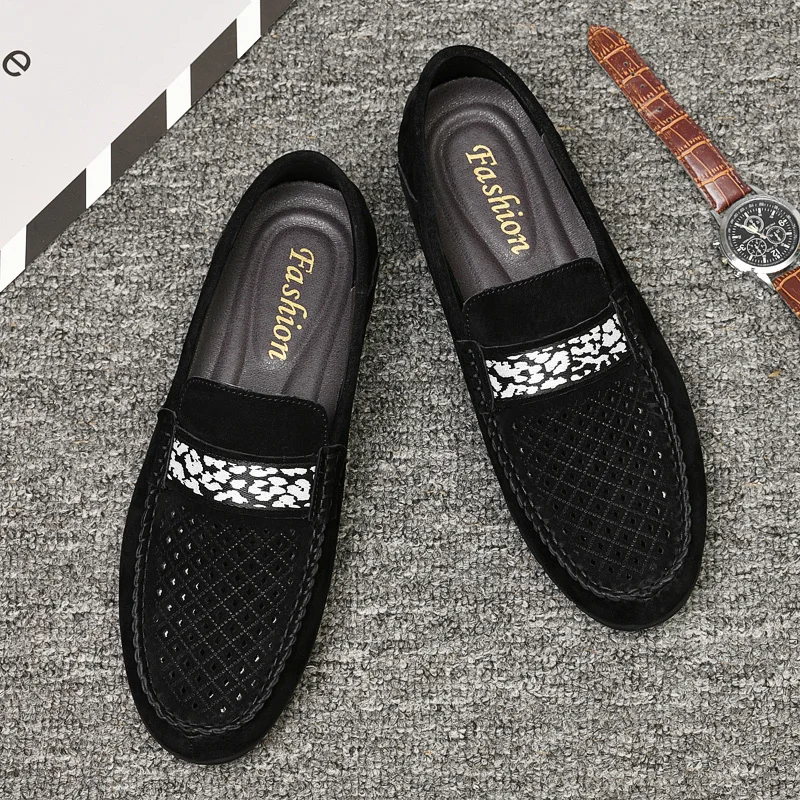 

New Trend Casual Men Shoes Black Gray Mens Loafers Slip On Handmade Man Leather Shoe Breathable Designer Hollow Casual Sneakers