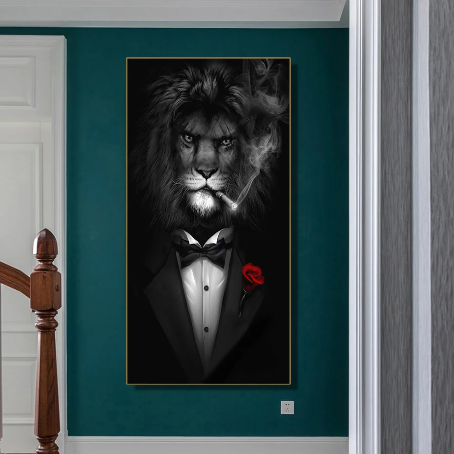 

Modern Animal Art Pictures Canvas Printed Painting Funny Smoking Lion Wall Art Poster for Living Room Home Decor