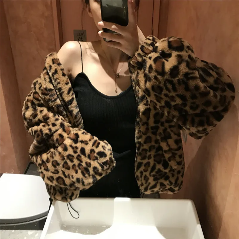 Winter Jacket Women Chaqueta Vintage Leopard Stand Collar Zipper Outwear Lady Loose Keep Warm Fuzzy Coat Top Streetwear A1454 images - 6
