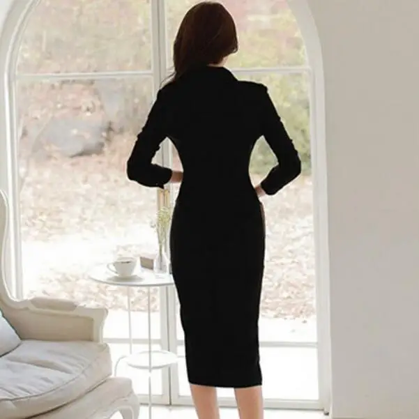 Женское Деловое платье карандаш черное однобортное офисное с отложным
