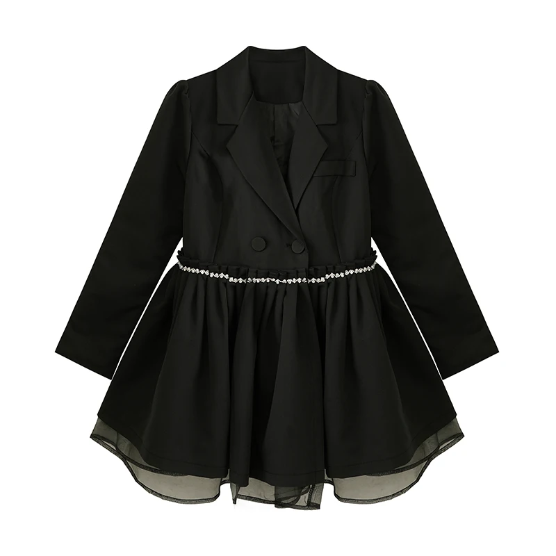 

Spring Autumn Frocks For Women Short Skirt Retro High-quality Temperament Black Long-sleeved Stitching Pleated Suit Dress Female