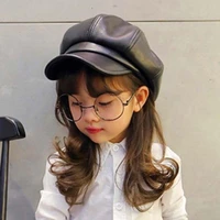 pu leather simple solid color children beret for elegant lady winter hats vintage octagonal casual bonnet girl cap fit 4 11 year