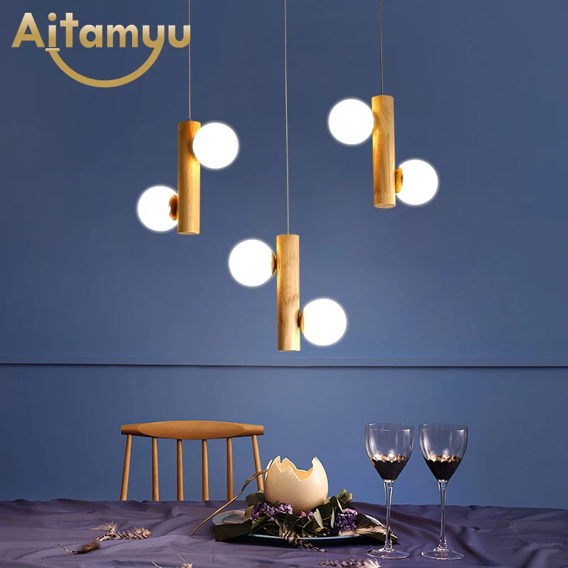 Скандинавский длинный Трубчатый Деревянный подвесной светильник со стеклянными