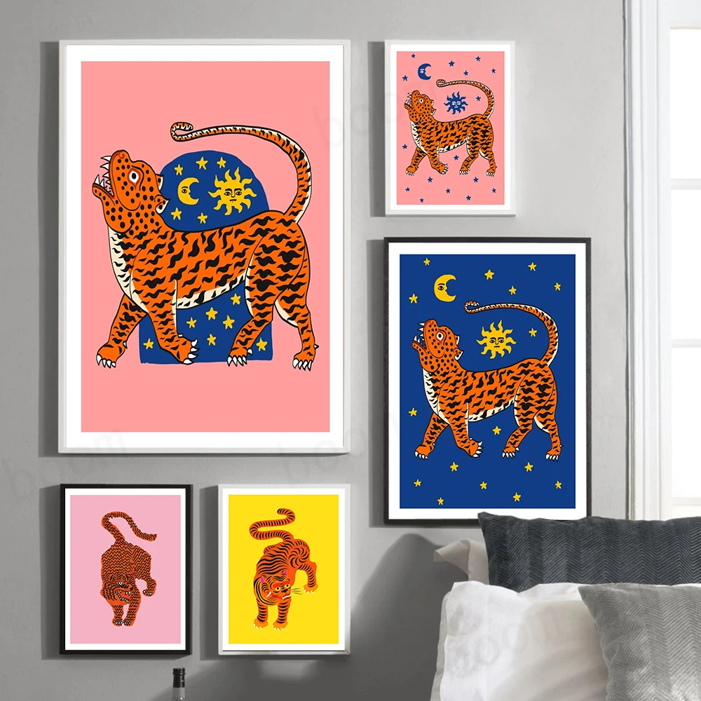 Тигровая мама мультфильм Животные Холст Плакаты розовый синий желтый Дикий Тигр