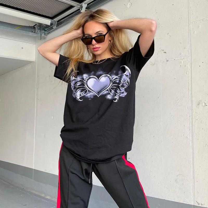

ZOVSV Casual Heart Print T Shirt Oversize Women Y2K Harajuku Short Sleeve Cotton Tshirt Women Summer Black Tees Tops Shirt