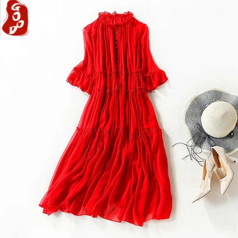 

High Quality 100% Silk Summer Dress 2021 Elegant Green Dress Korean Midi Dresses for Women Casual Vestido De Mujer LW5010