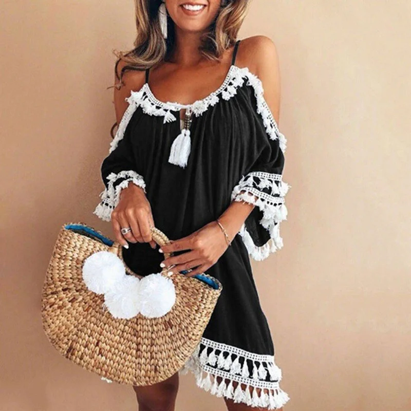 

Women Tassel Dress Off-shoulder Kobieta Sukienka Short Cocktail Party beach Dresses Summer Sexy Sundress Vestido De Mujer