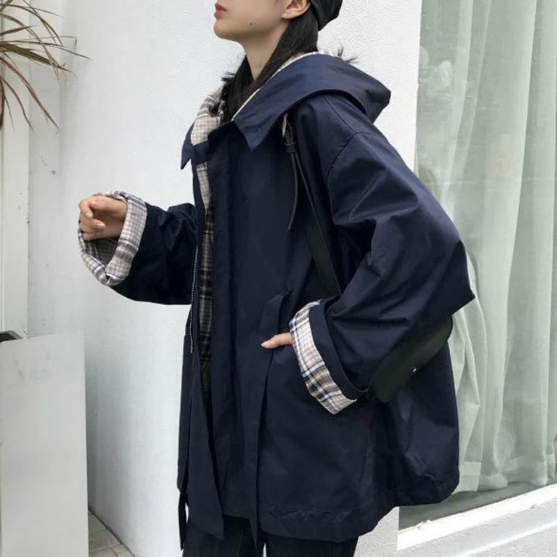 

Trench Women Hooded Solid Adjustable Waist Oversize Loose Trendy Harajuku Casual Safari Style Streetwear Womens Coats Ulzzang