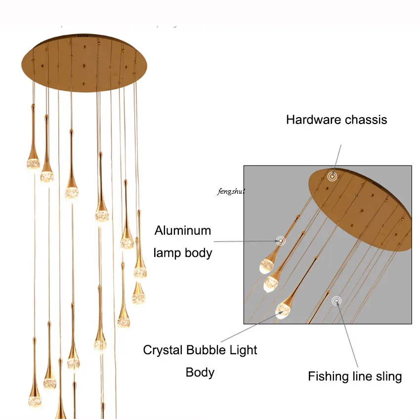 売る ポストモダンledクリスタルシャンデリア水滴ランプ高級デュプレックス階段ライトリビングルーム装飾照明器具
