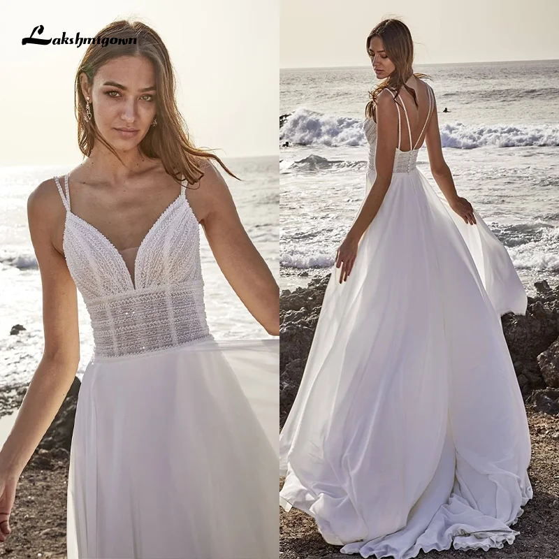 

Lakshmigown Spaghetti Straps Boho Beach Wedding Dresses V Neck Open Back Sexy Bohemian Chiffon Bridal Dresses vestido de novia