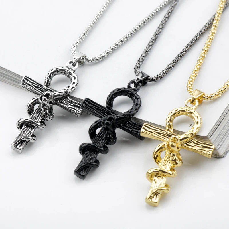 

Vintage Hip Hop Hyperbole Gothic Snake Winding Cross Totem metal Pendant Necklaces Accessories For Women Men's Chain Aesthetic