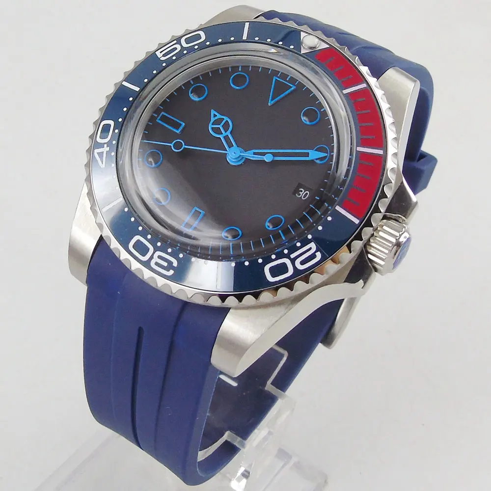 

40MM Black Sterile Dial Sapphire Glass PVD Coated red blue Ceramic Bezel Rubber Date MIYOTA 8215 Movement Automatic Mens Watch