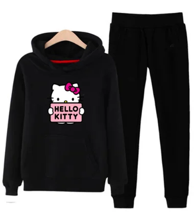 P66 3xl hello-kitty зимний женский комплект из 2 предметов с длинными рукавами, флисовая толстовка с капюшоном, пуловер, костюм, спортивные костюмы, одежда - Цвет: Black