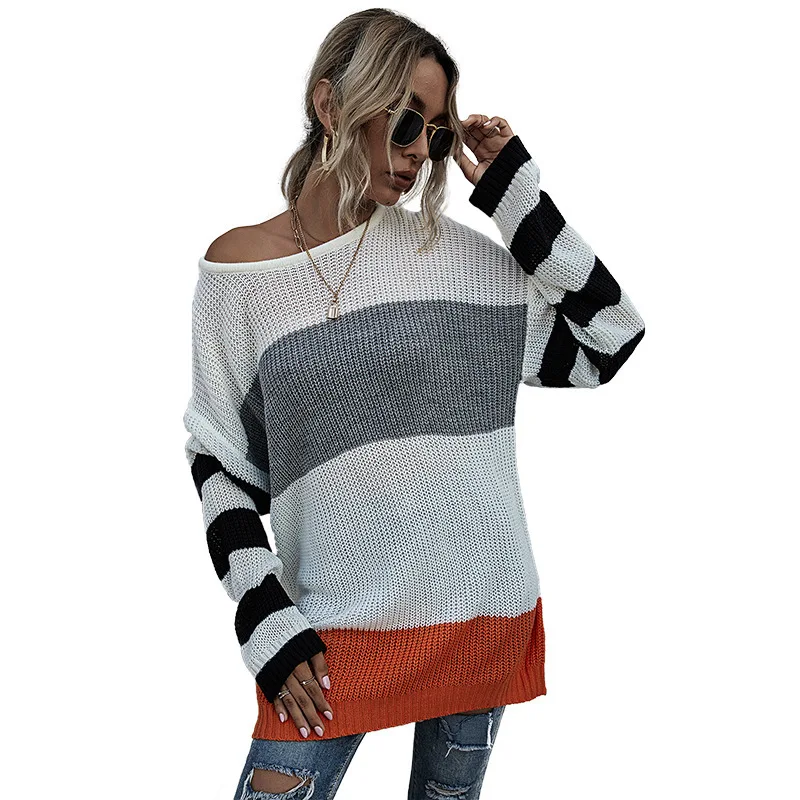 

European and American women's striped round neck knitted sweater women's Pullover loose splicing new fall / winter 2020