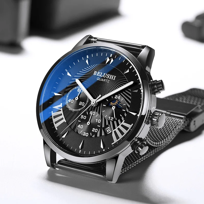 

Mens Watches Top Brand Luxury Quartz Watch Chronograph Date Moon Phase Bussiness Steel Mesh Waterproof Clock Male Reloj Hombre
