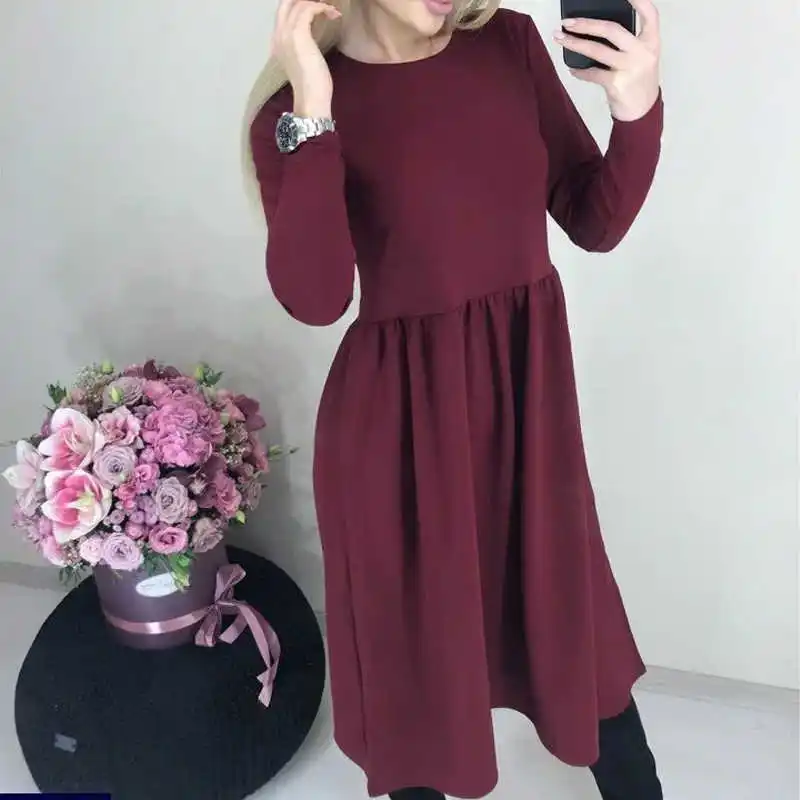 

Fashion Mid Dress For Women Casual Solid O-neck Long Sleeve Elestic Waist A-line Party Dress Elegant Soft Simple Streetwear