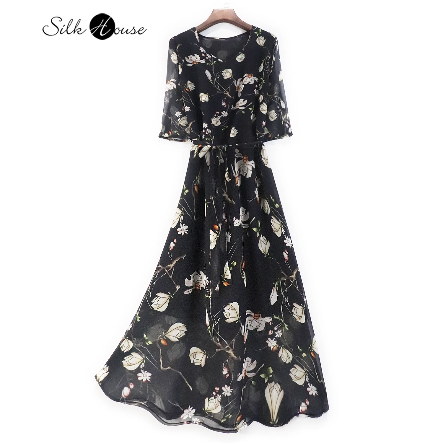 Черное шелковое платье из магнолии с рукавом средней длины большое Двухслойное