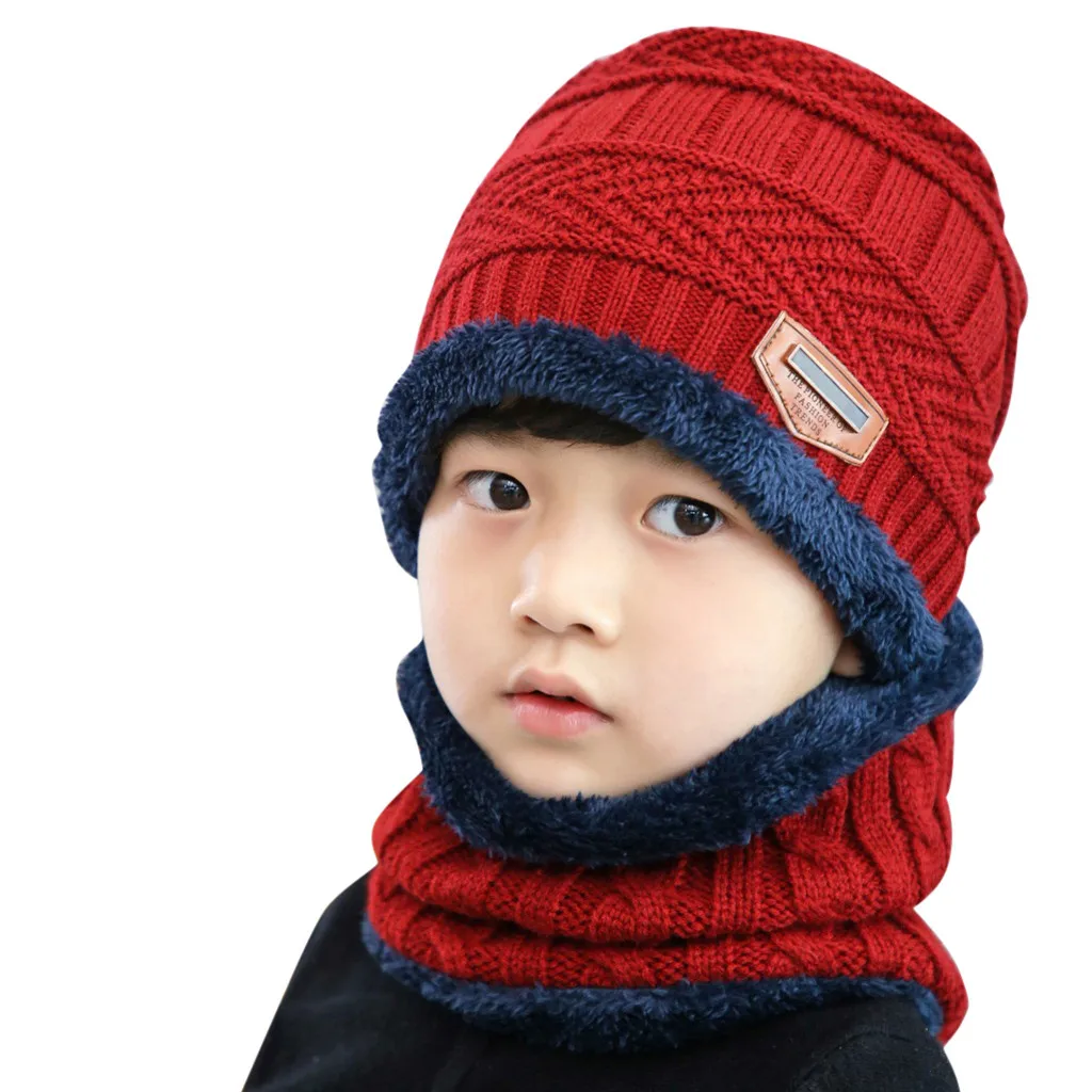 

Winter Children Value Windproof and warm hat set Fleece Contrast Colors Knitted Warm Winter Hats For Kid Hat+Scarf Two Piece Set
