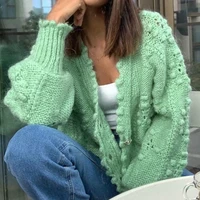 2021 autumn new hollow texture fashion high level sense of green knitted cardigan sweater coat sexy female street style clothing